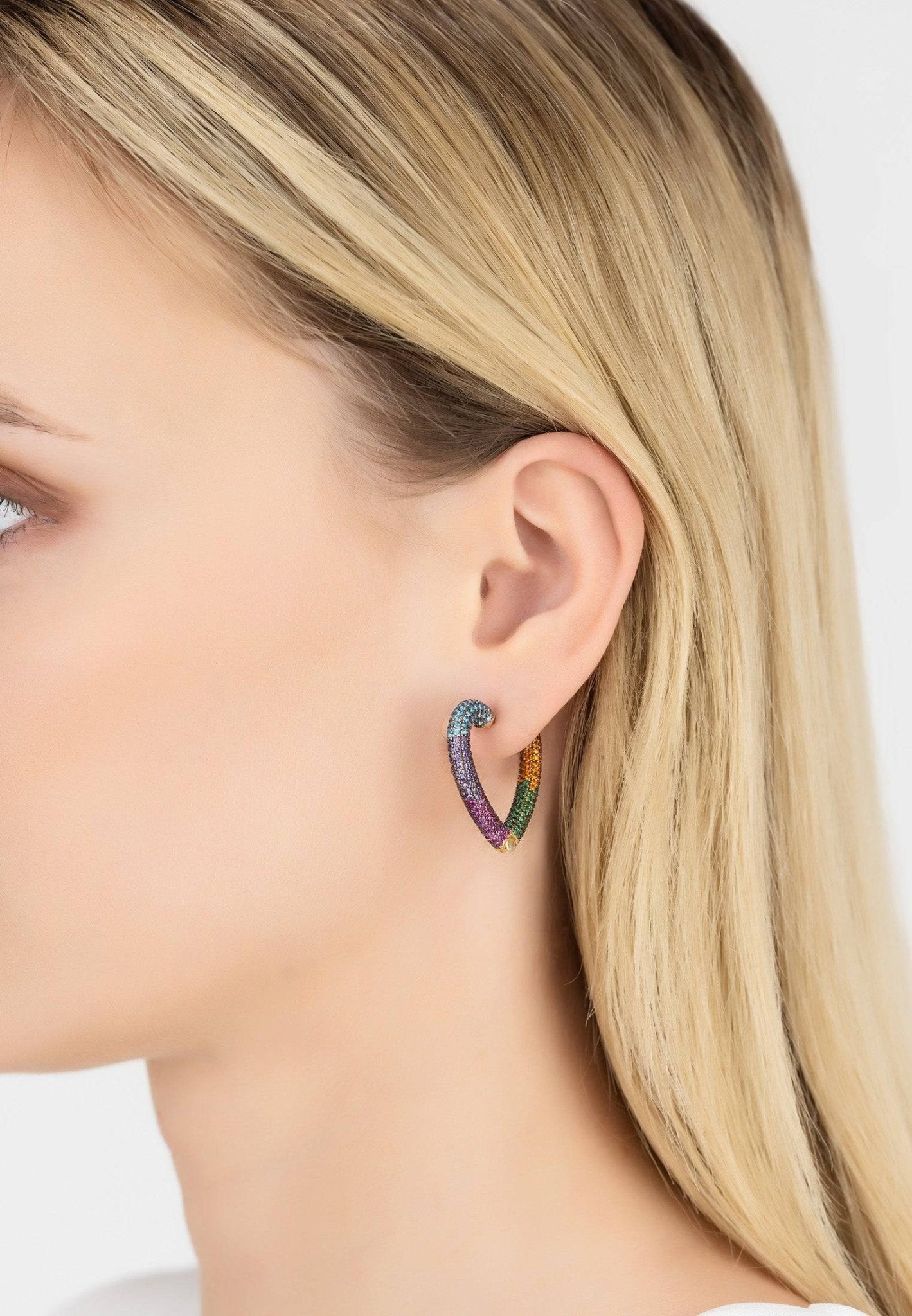 Rainbow Heart Huggie Earrings in Gold and Multicolor Zirconia