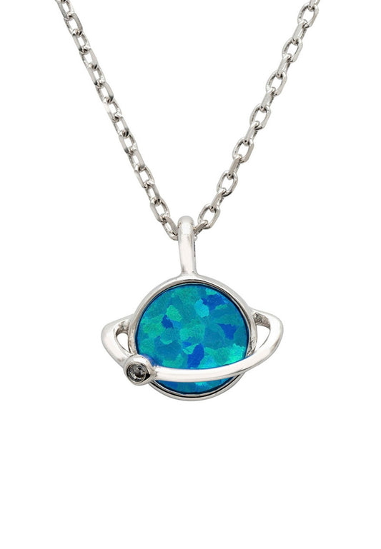A silver necklace with a blue opalite pendant designed to resemble the planet Saturn, complete with a ring structure.