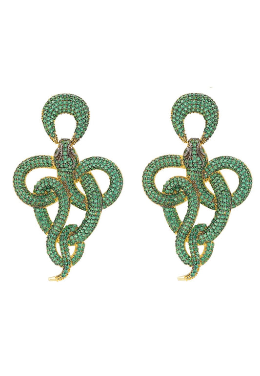 Viper snake drop earrings gold emerald